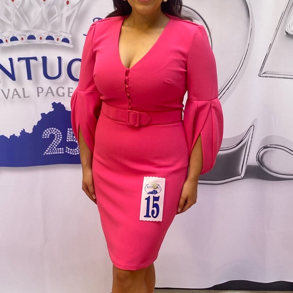 Badgley Mischka Fuchsia Midi Dress with Belt - Picture 1 of 6